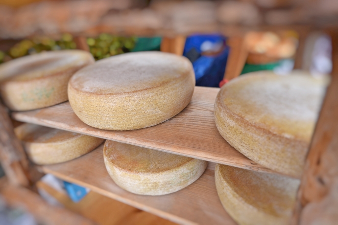 Feiner Alpkäse am Alp Spektakel Markt (© Ziitla.ch) Regale voller leckerer Alpkäse warten auf ihre Käufer.